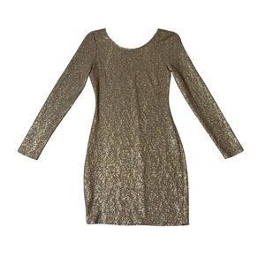 Rhapsody Womens Gold Metallic Glitter Long Sleeve Bodycon Mini Dress Size S
